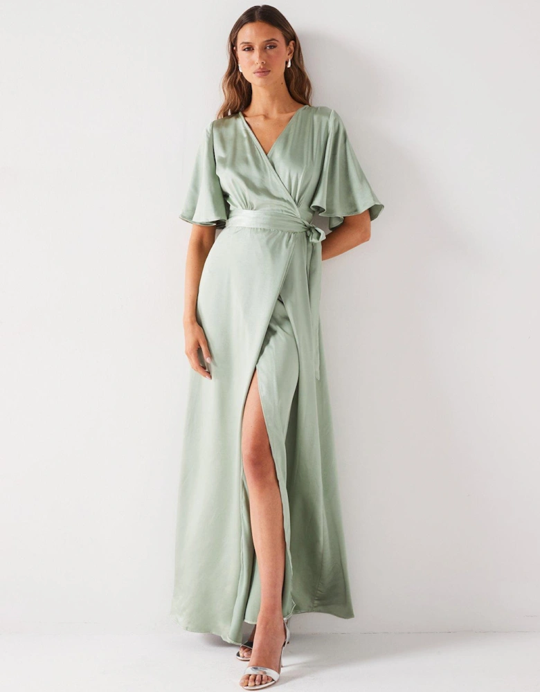 Wrap Tie Satin Bridesmaid Dress - Sage