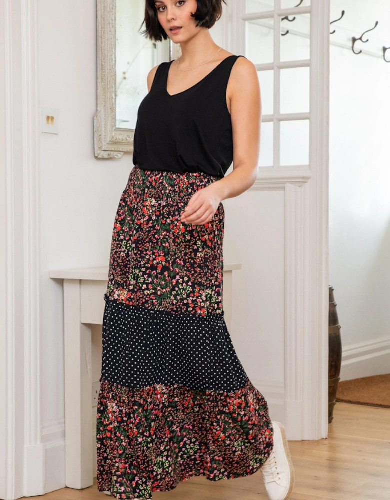 Tahlia Tiered Woven Maxi Skirt - Black/Multi