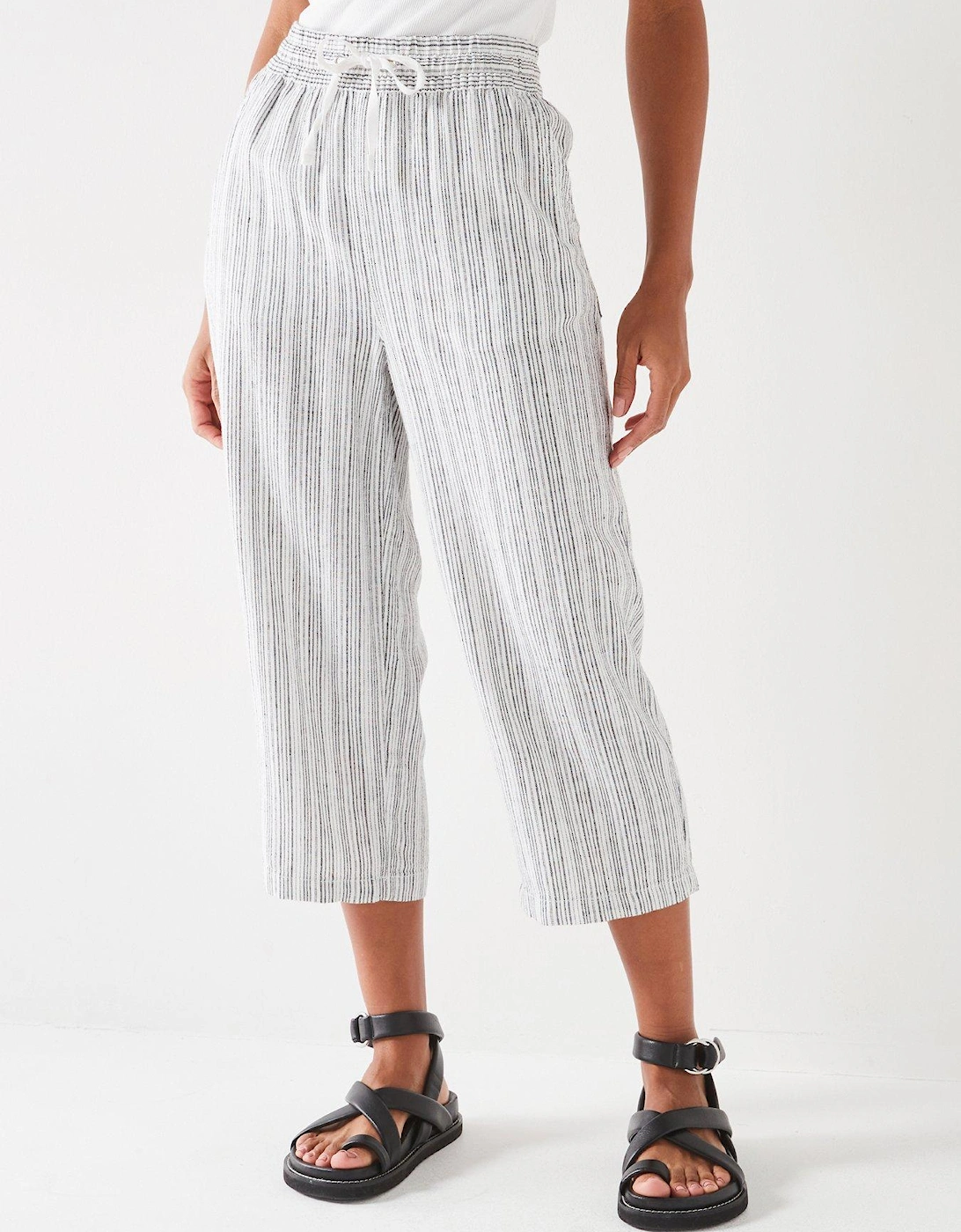 Cropped Linen Blend Stripe Trousers - Black/White, 2 of 1