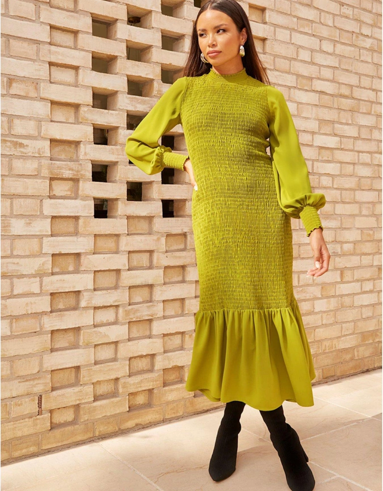 Long Sleeve Shirred Maxi Dress In Green