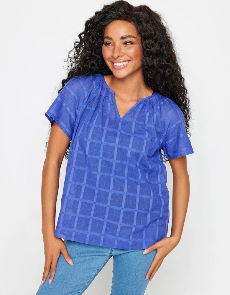 Petite Cobalt Notch Neck Dobby Top