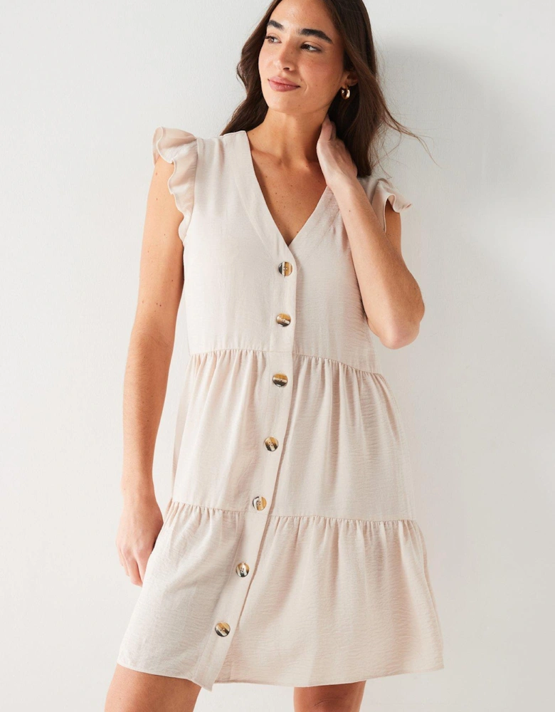 Frill Sleeve Button Through Mini Dress - Natural