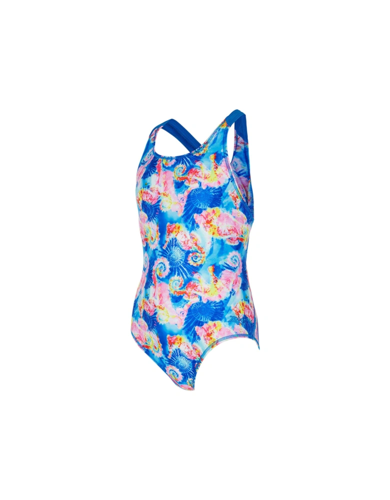 Aqua Pony Flyback Girls Swimsuit-blue
