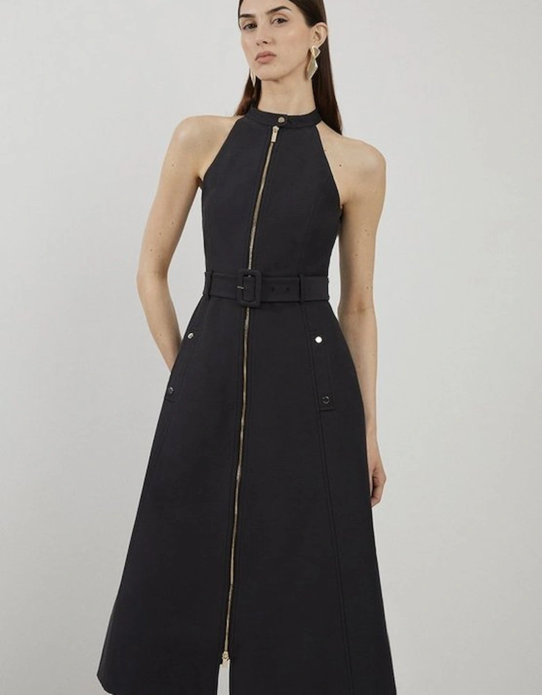 Tailored Cotton Belted Halter Neck Full Skirted Midaxi Dress