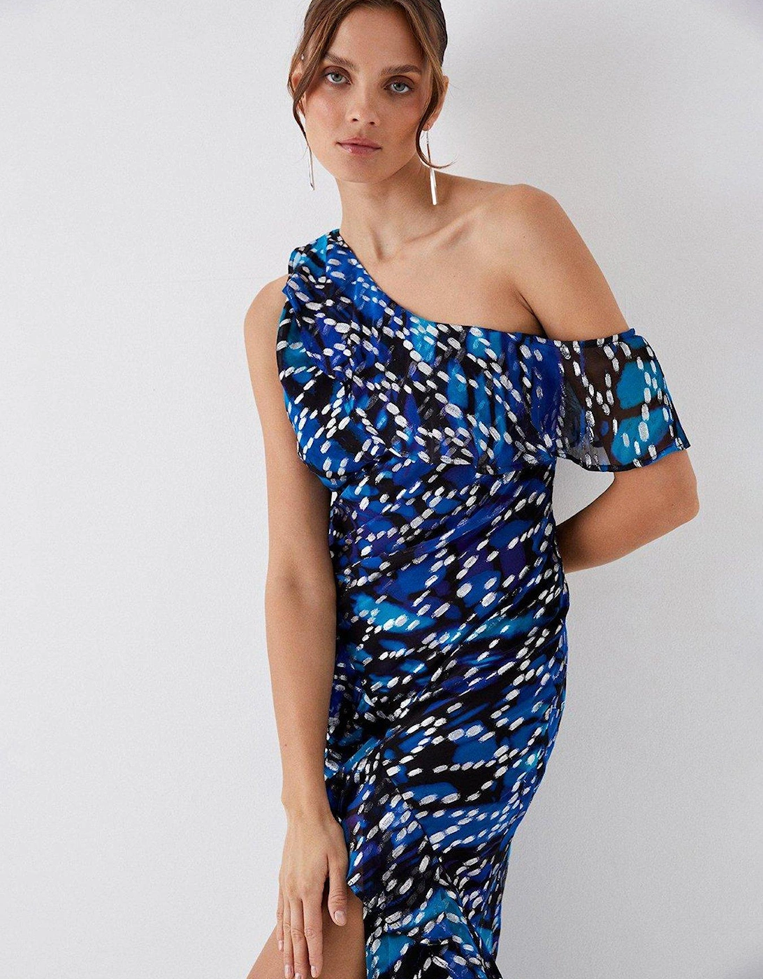 Julie Kuyath One Shoulder Metallic Maxi Dress - Blue