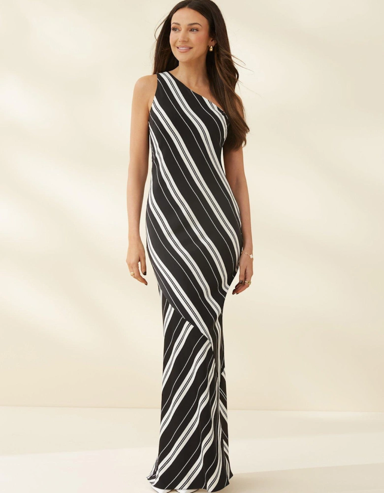 One Shoulder Stripe Midaxi Dress - Black/Multi 