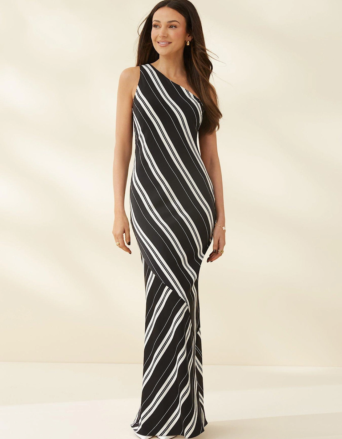 One Shoulder Stripe Midaxi Dress - Black/Multi , 4 of 3