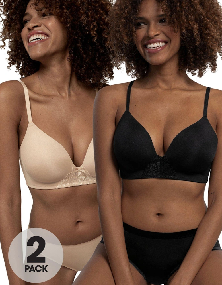 2 Pack Michelle Light Padded Soft Non Wired Bra - Black Beige