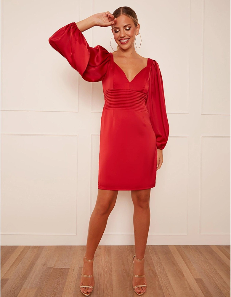 Chi Chi Balloon Sleeve Plunge Bodycon Dress In Red