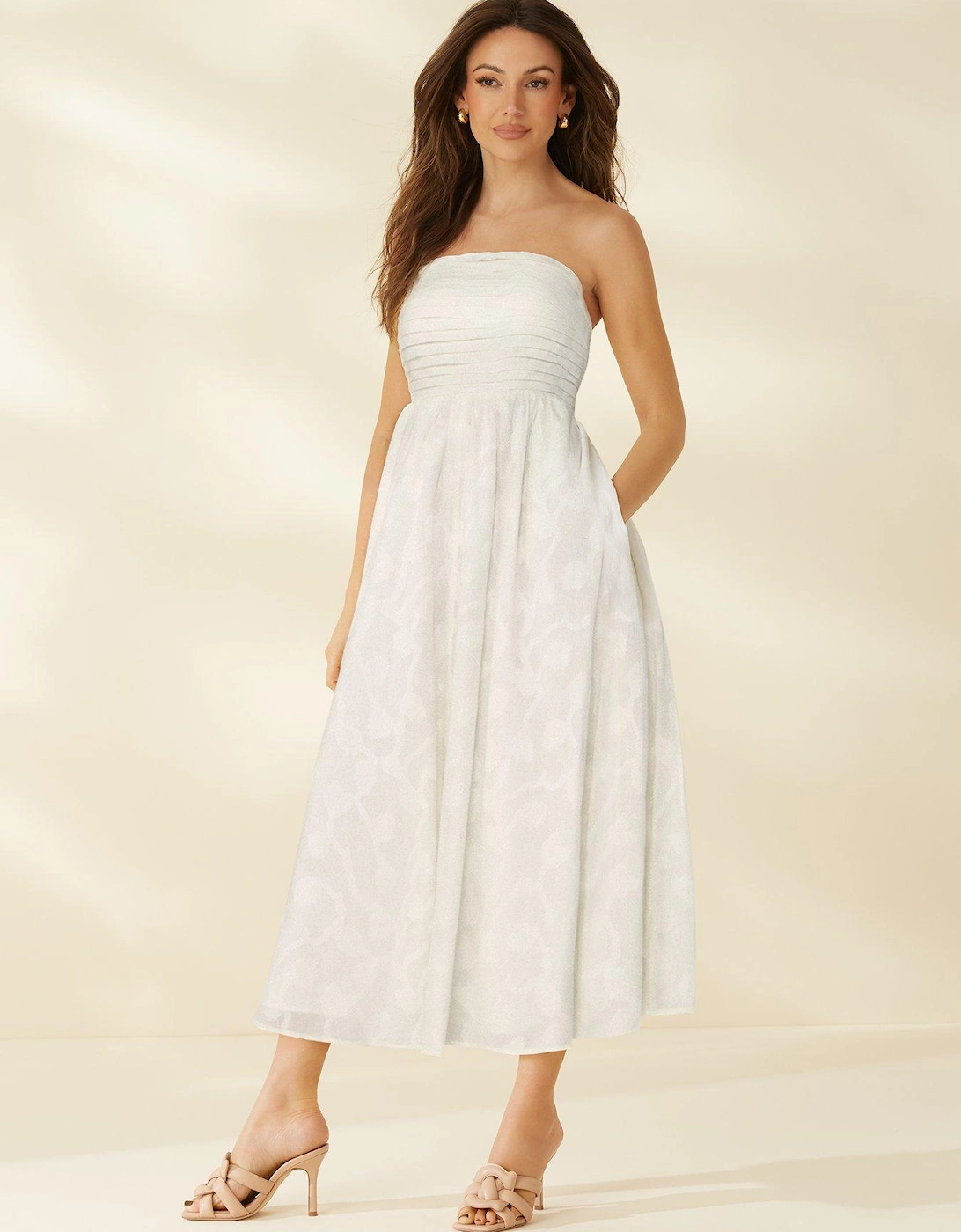 Cotton Jacquard Bandeau Midi Dress - White, 2 of 1