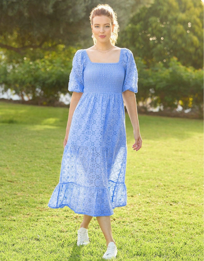 Broderie Cotton Midi Dress - Blue