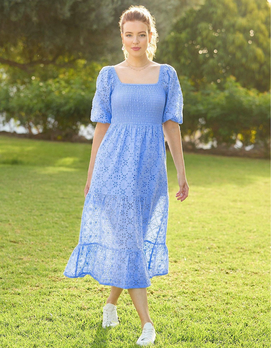 Broderie Cotton Midi Dress - Blue, 2 of 1