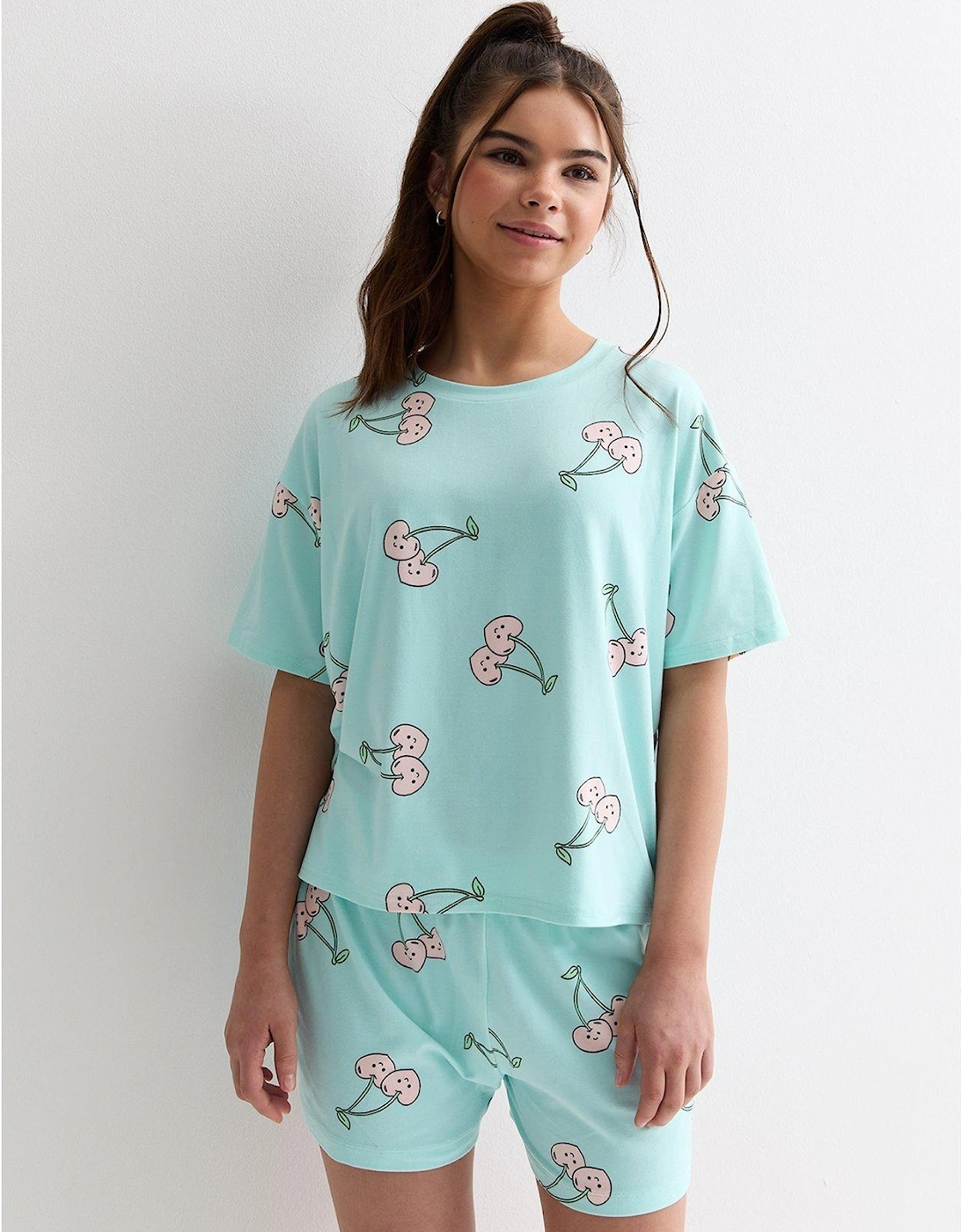 Girls Blue Soft Touch Short Pyjama Set With Cherry Heart Print, 5 of 4
