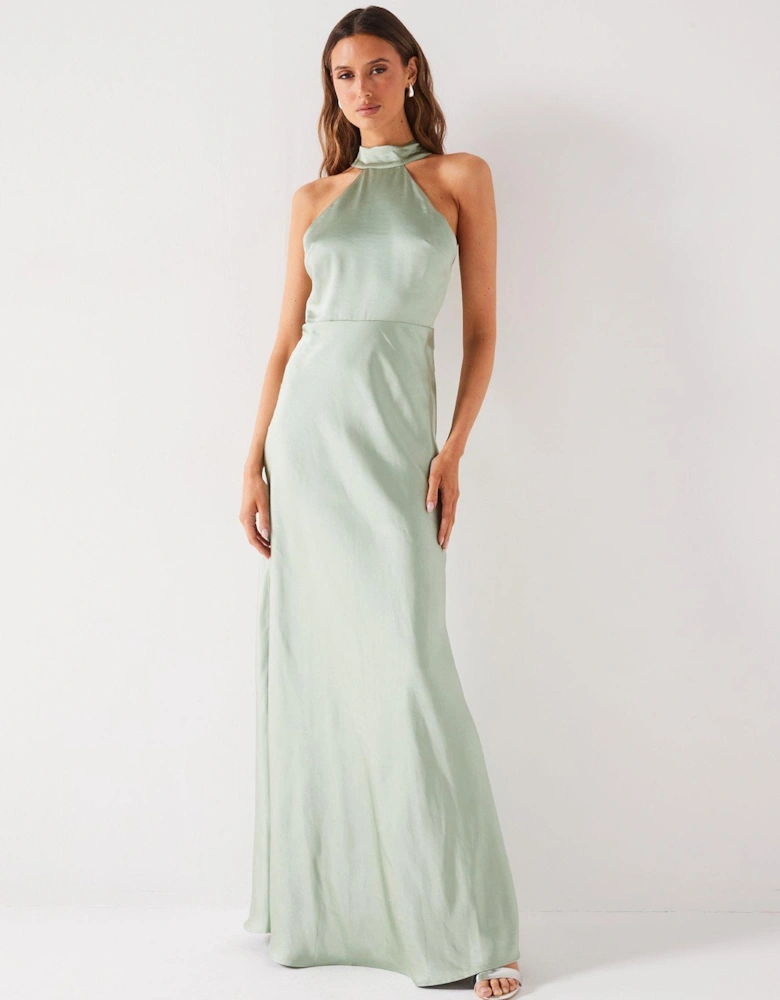 Halter Neck Satin Bridesmaid Dress - Sage