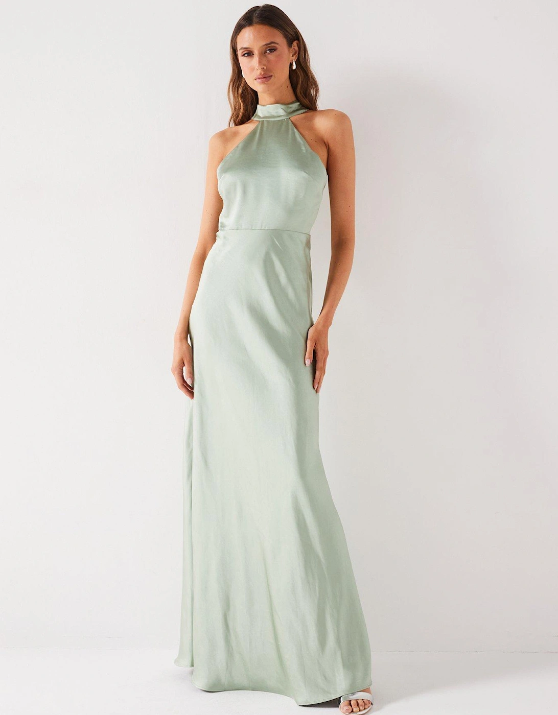 Halter Neck Satin Bridesmaid Dress - Sage, 5 of 4