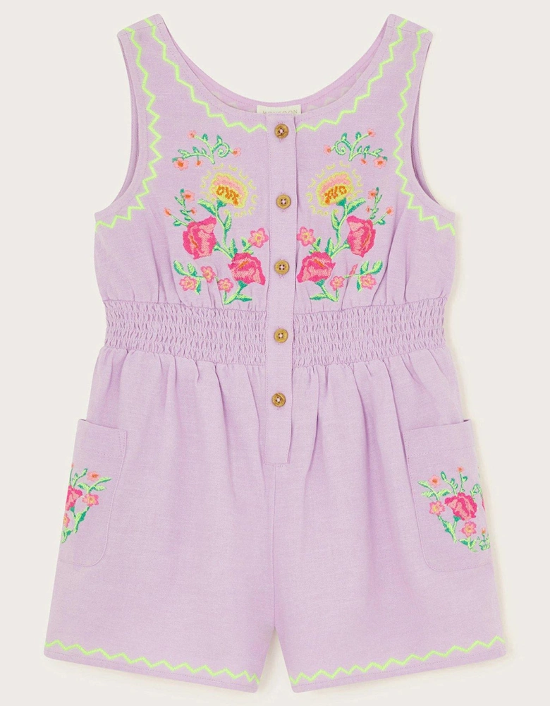 Girls Linen Embroidered Playsuit - Lilac