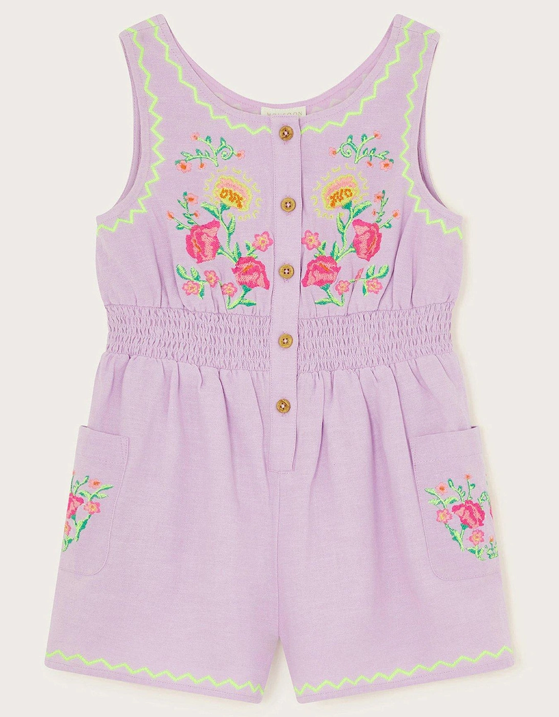 Girls Linen Embroidered Playsuit - Lilac, 2 of 1