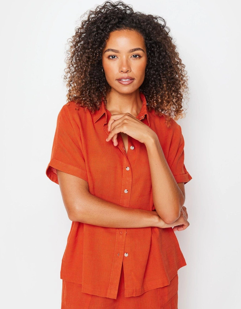 Orange Short Sleeve Linen Button Shirt