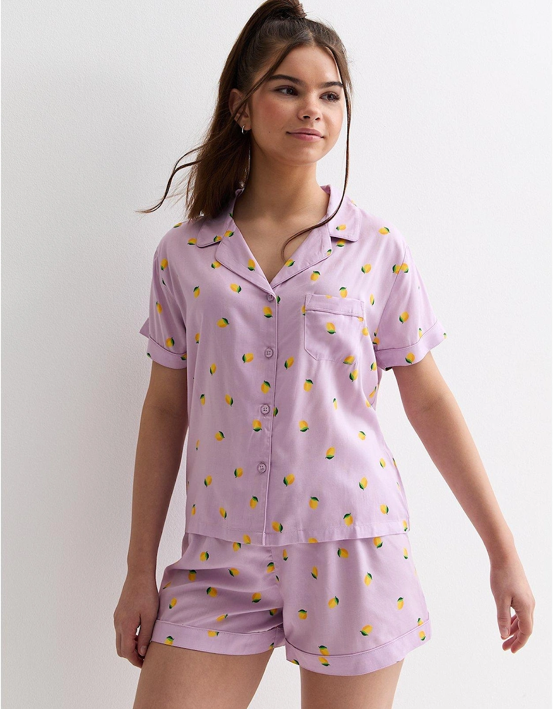 Girls Lilac Revere Short Pyjama Set With Lemon Print, 5 of 4