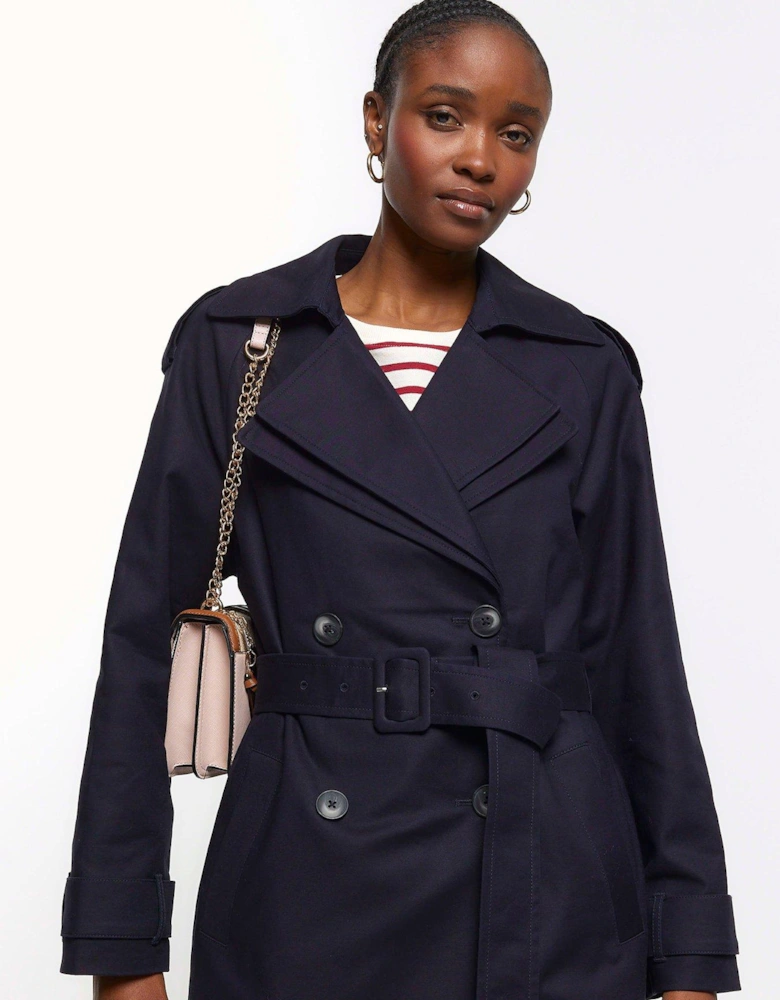 Double Collar Belted Trench - Navy