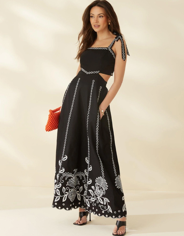 Premium Embroidered Midi Dress - Black 