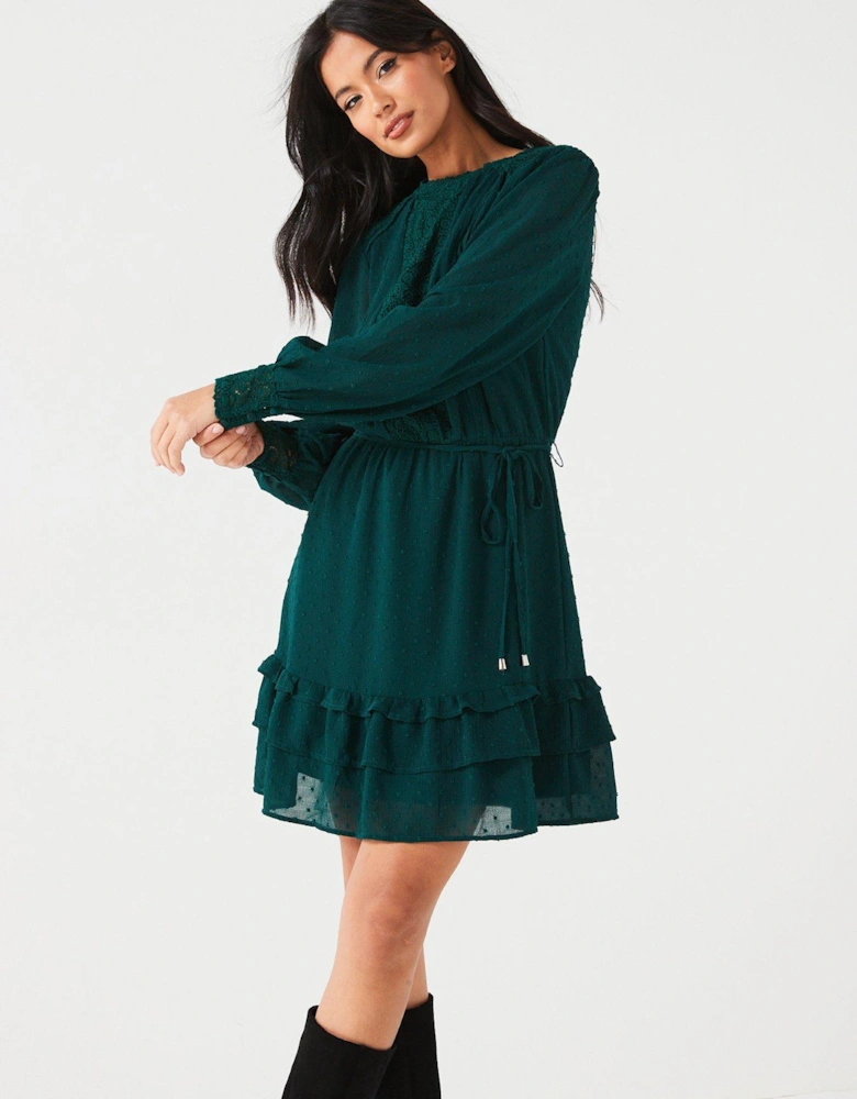 Lace Insert Dobby Mini Dress - Green