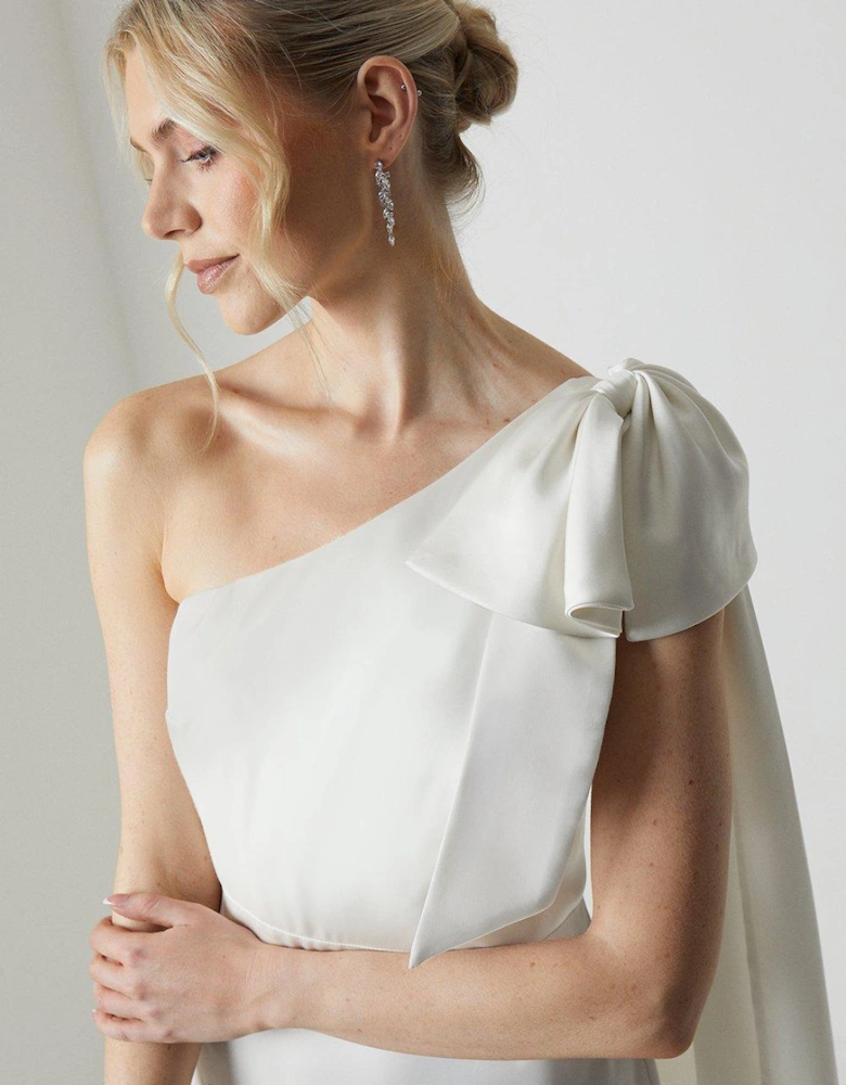 Bow And Drape Detail One Shoulder Satin Bridal Dress