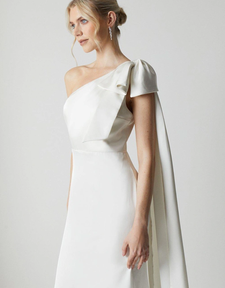 Bow And Drape Detail One Shoulder Satin Bridal Dress
