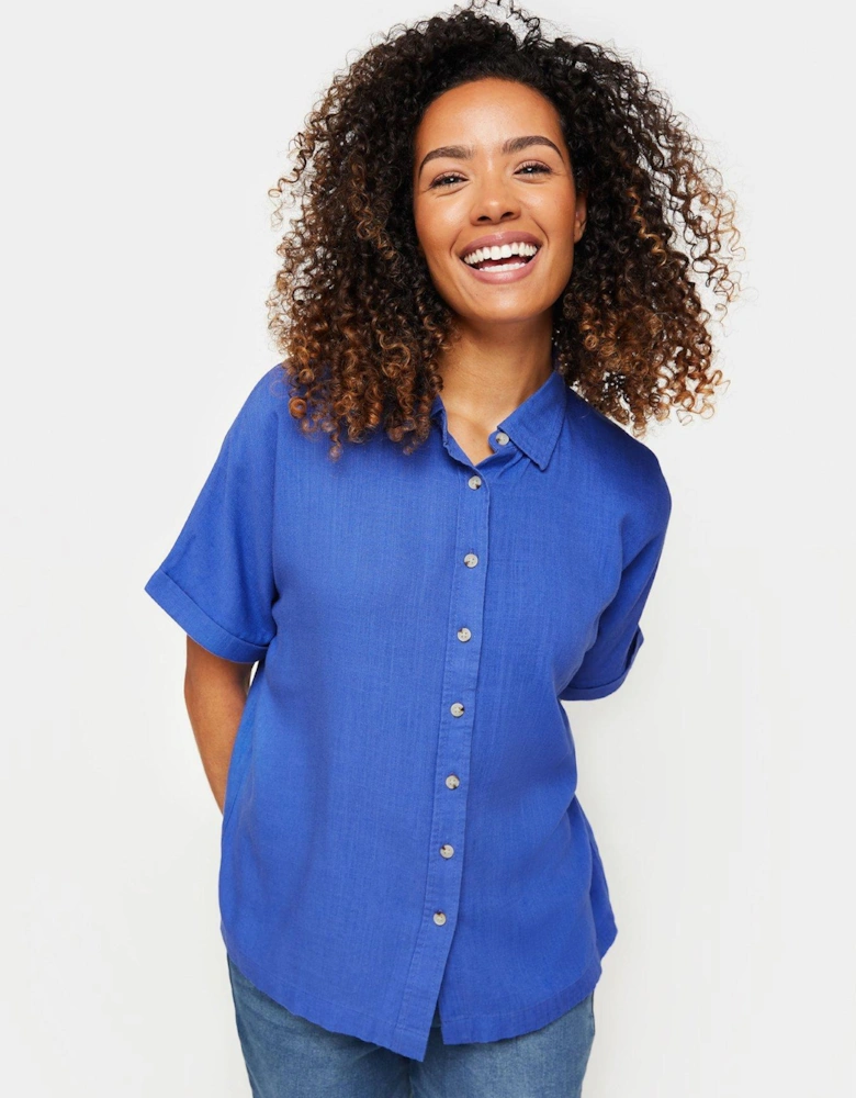 Blue Short Sleeve Linen Button Shirt