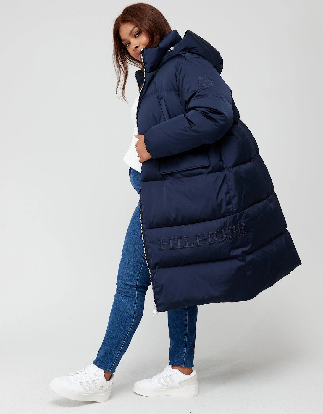 Curve Satin Hooded Down Padded Coat - Navy Blue