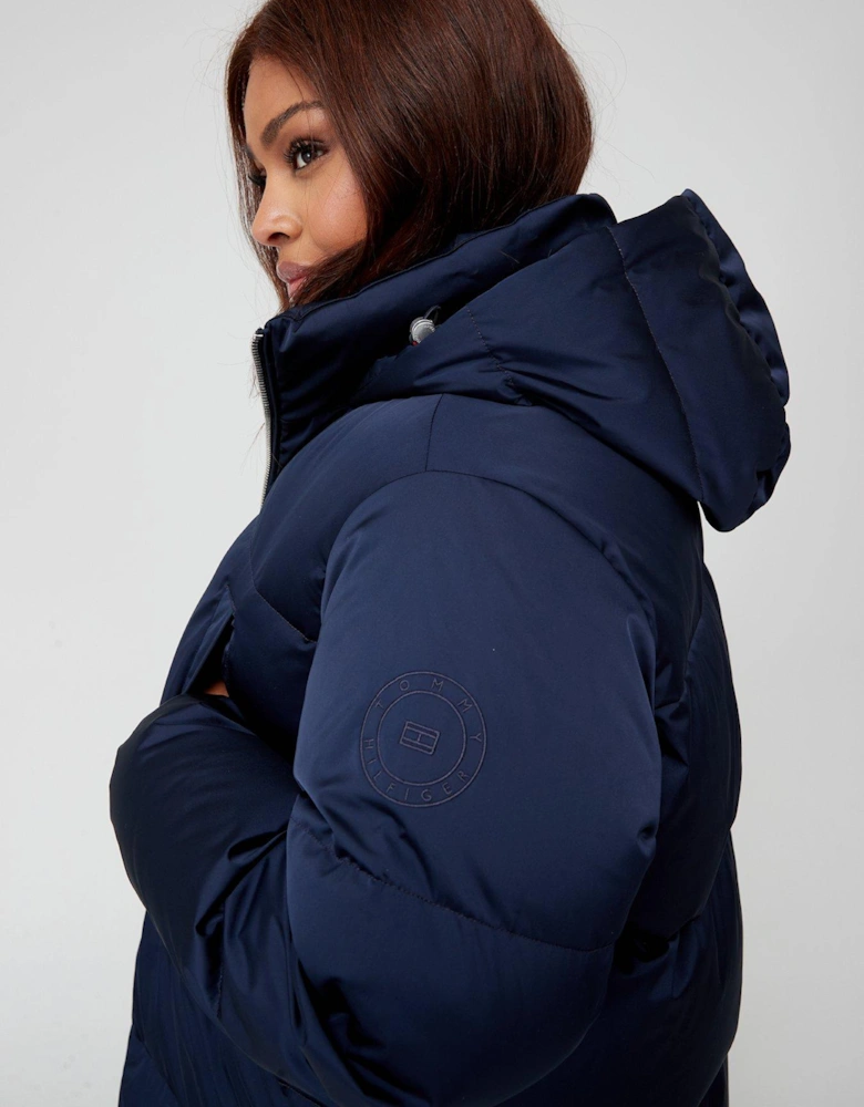 Curve Satin Hooded Down Padded Coat - Navy Blue