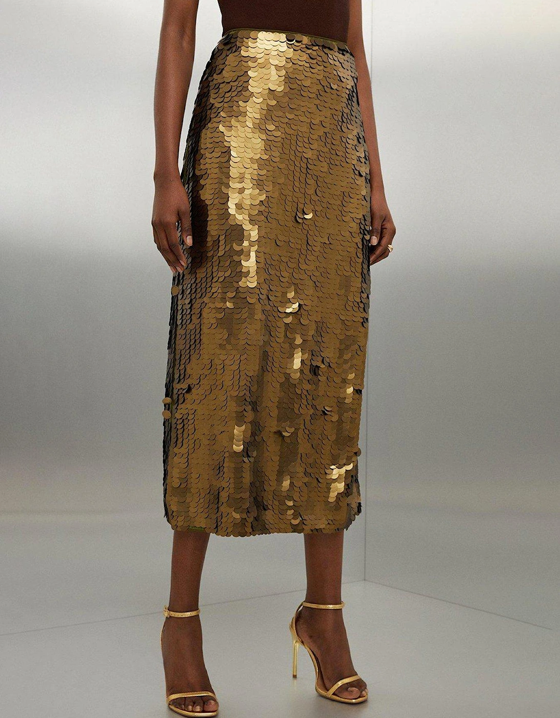 Metallic Matte Sequin Midi Skirt - Gold