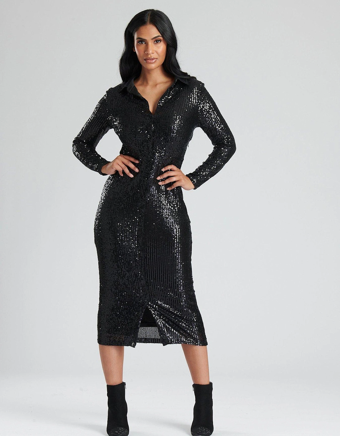 Black Sequin Midi Shirt Dress