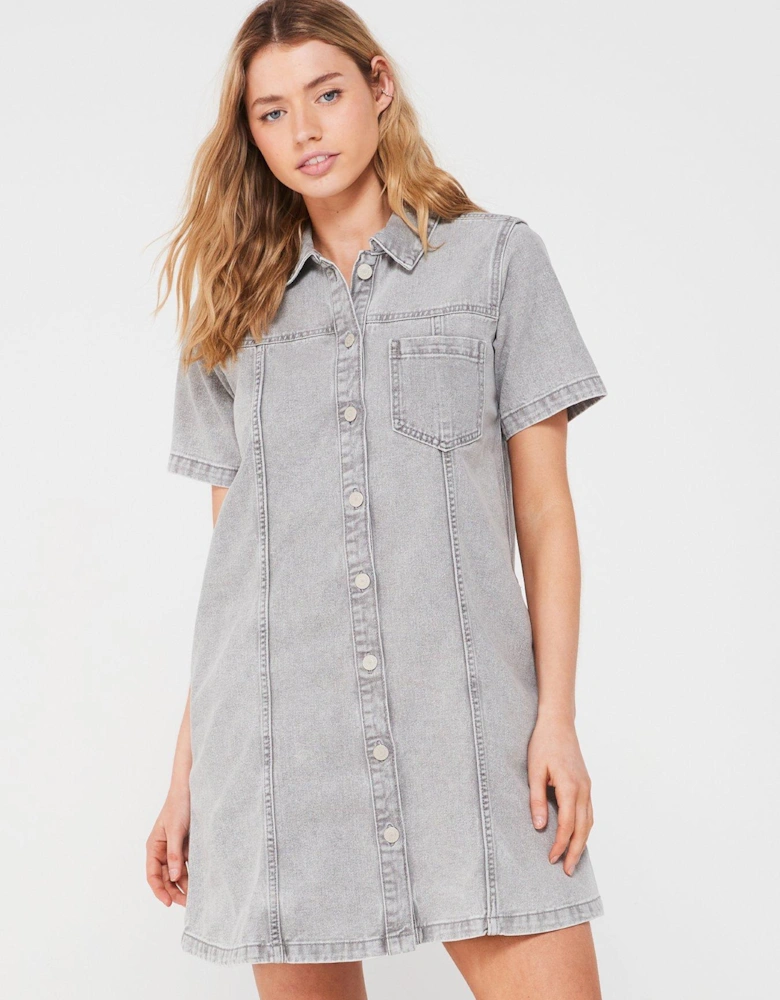 A Line Denim Dress - Grey Denim