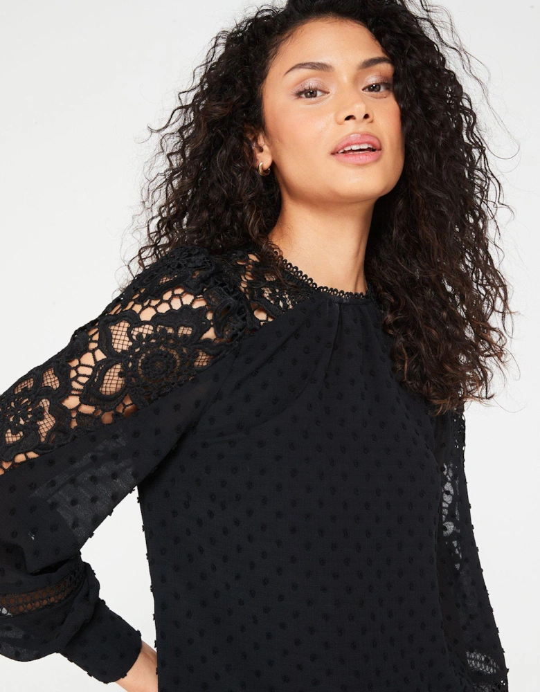 Lace Sleeve Dobby High Neck Blouse - Bla