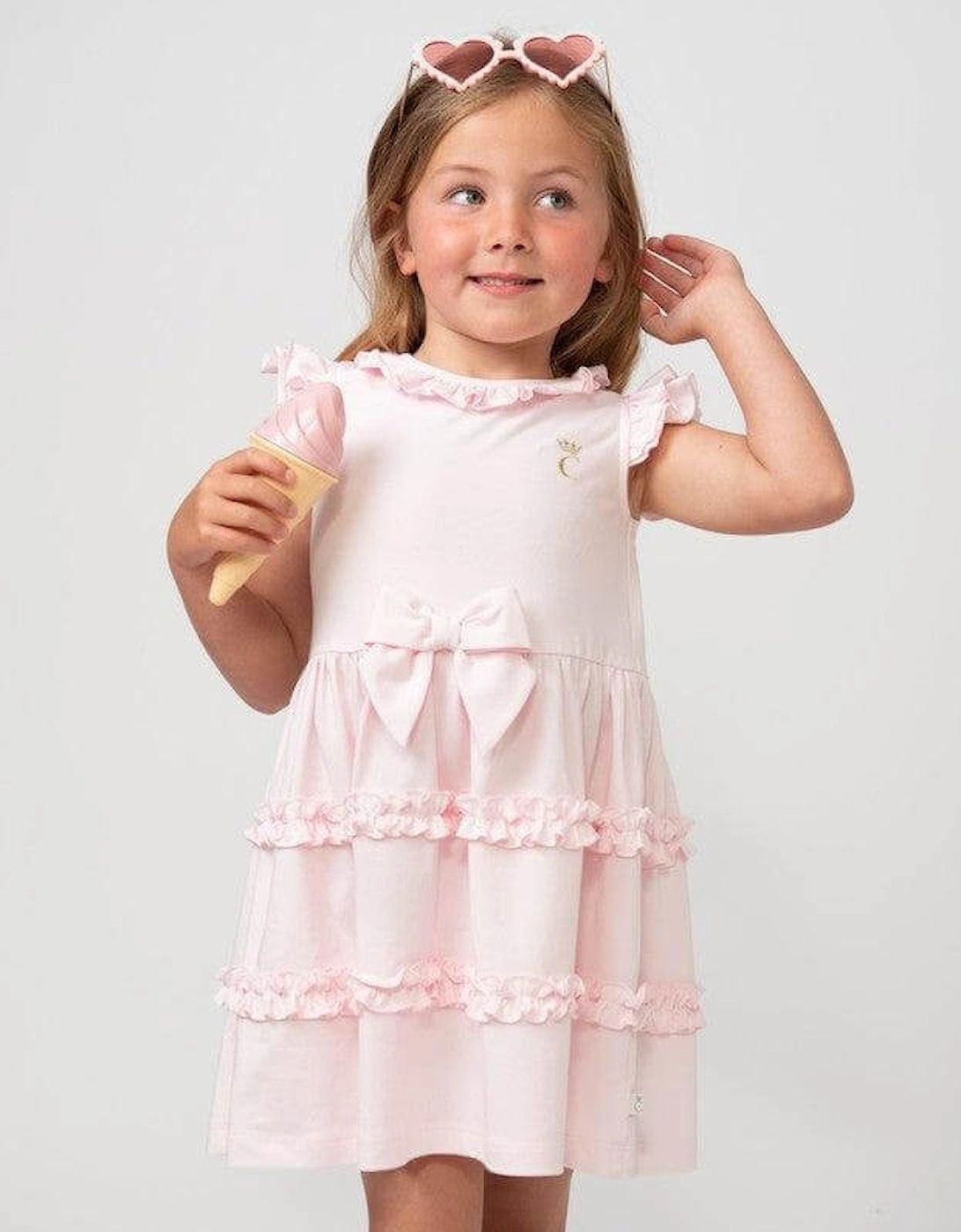 Girls Pink Tiered Frill Dress With Bow, 5 of 4