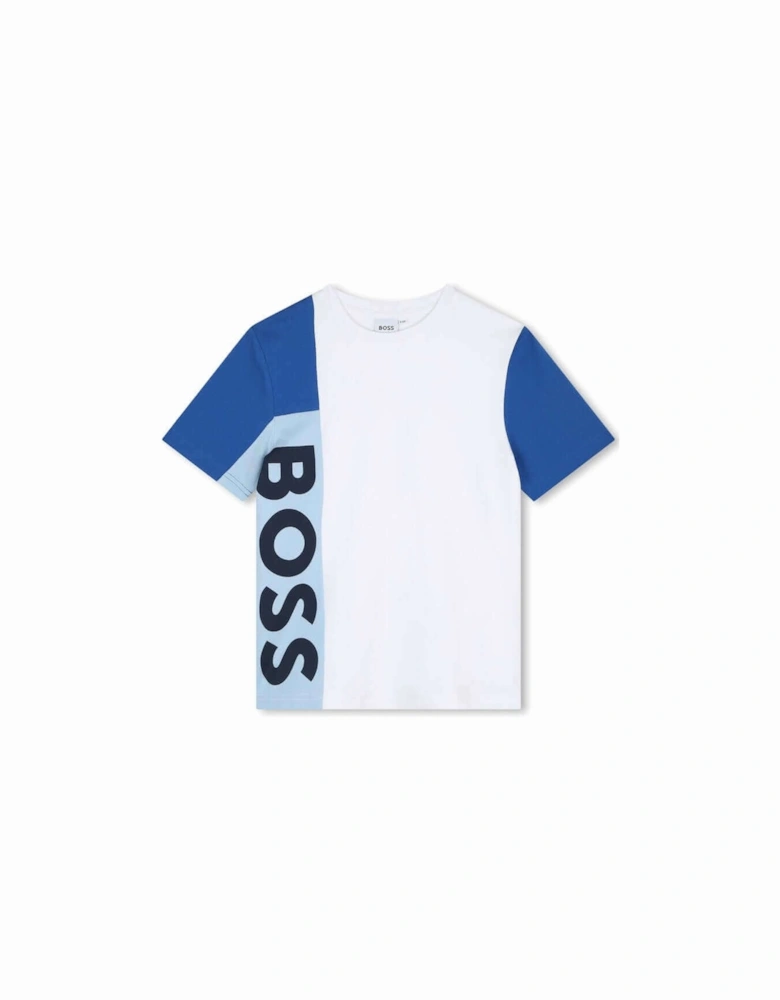 Boys White & blue Logo Cotton T-Shirt