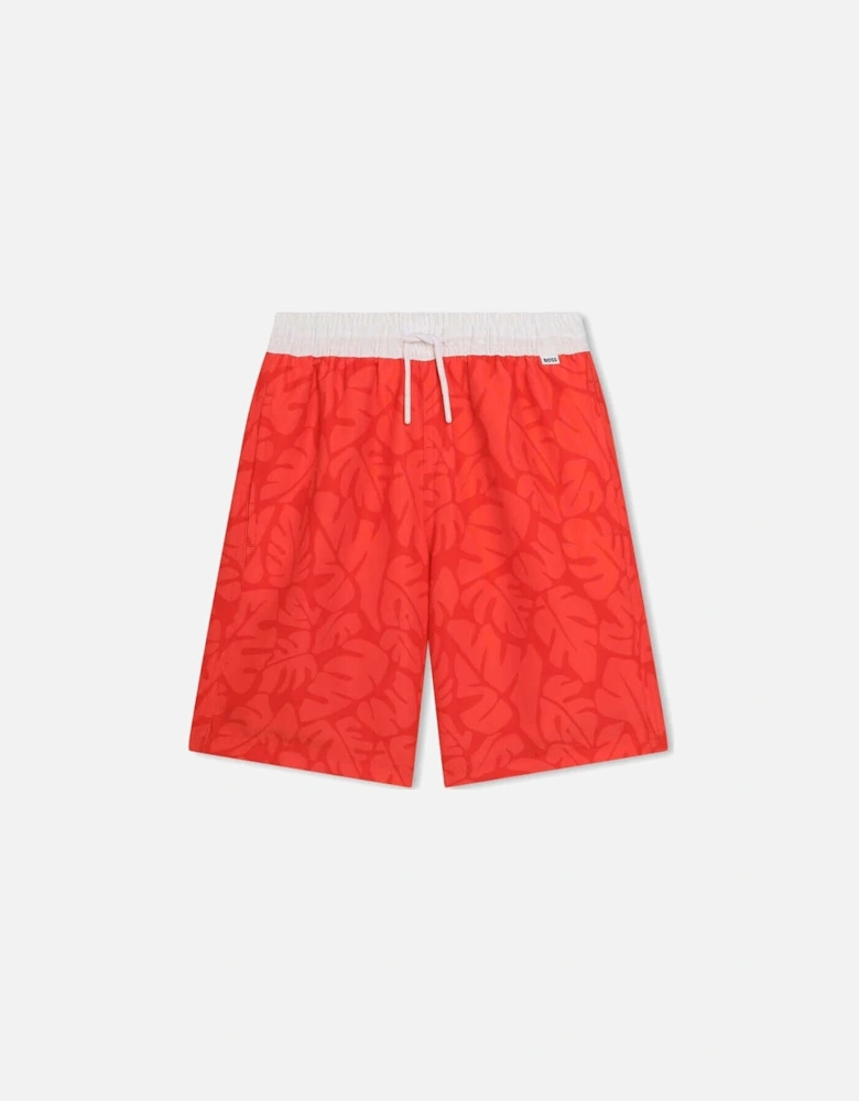 Boys Red Leaf Print Swimming Shorts
