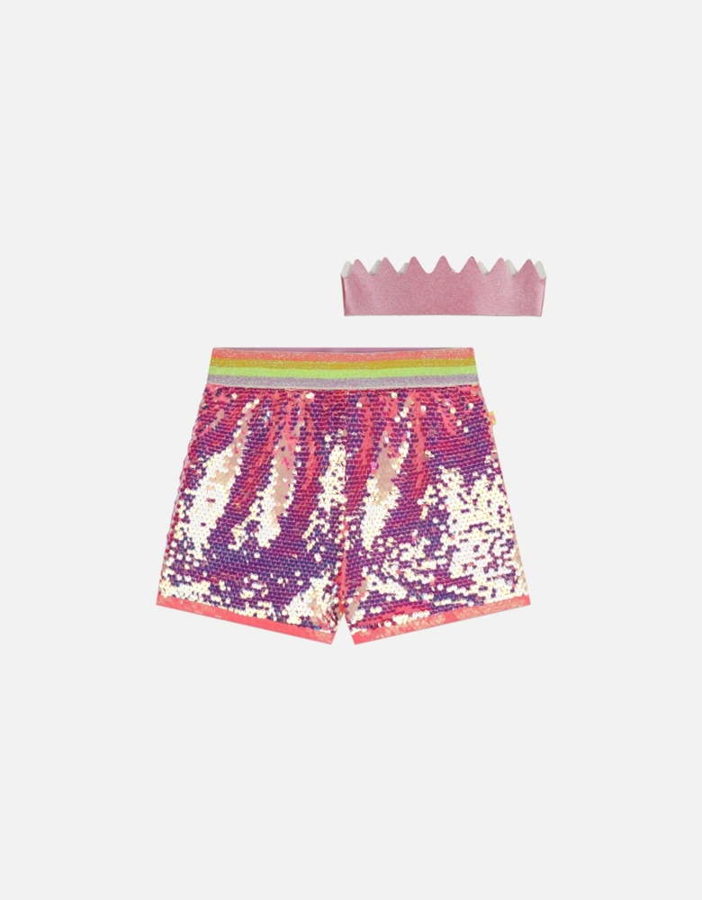 Girls Pink Sequin Shorts & Glitter Crown