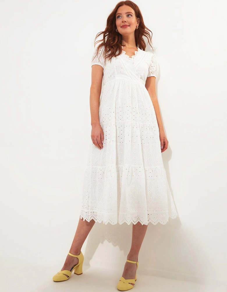 Short Sleeve Broderie Midi Dress - White
