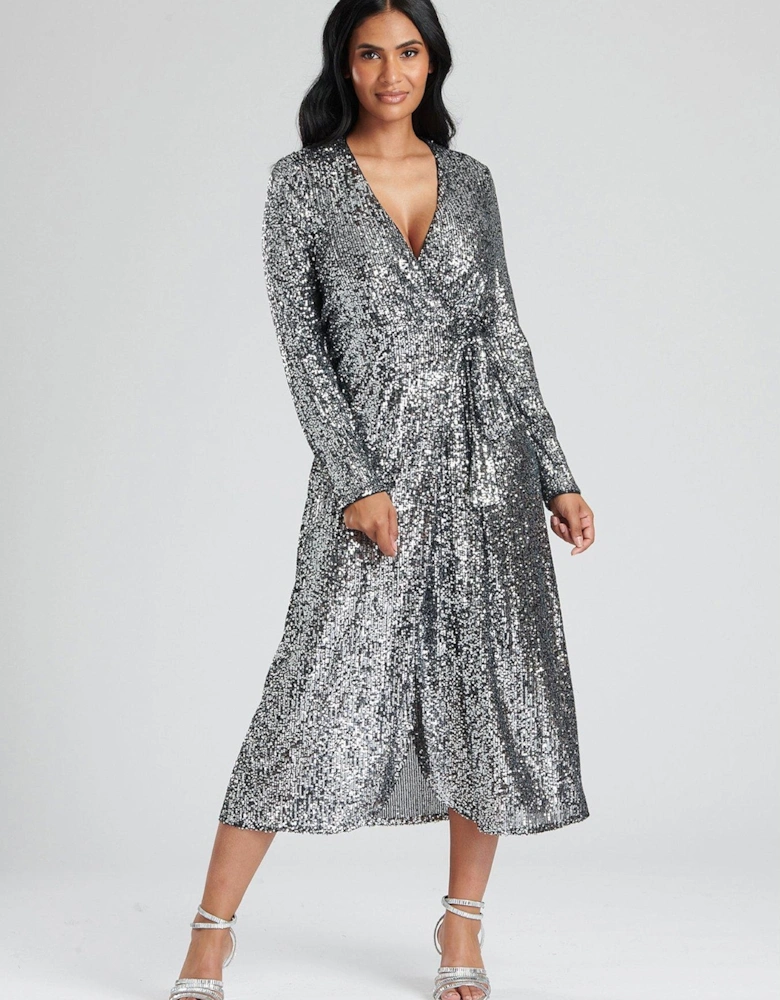 Gunmetal Silver Sequin Wrap Midi Dress