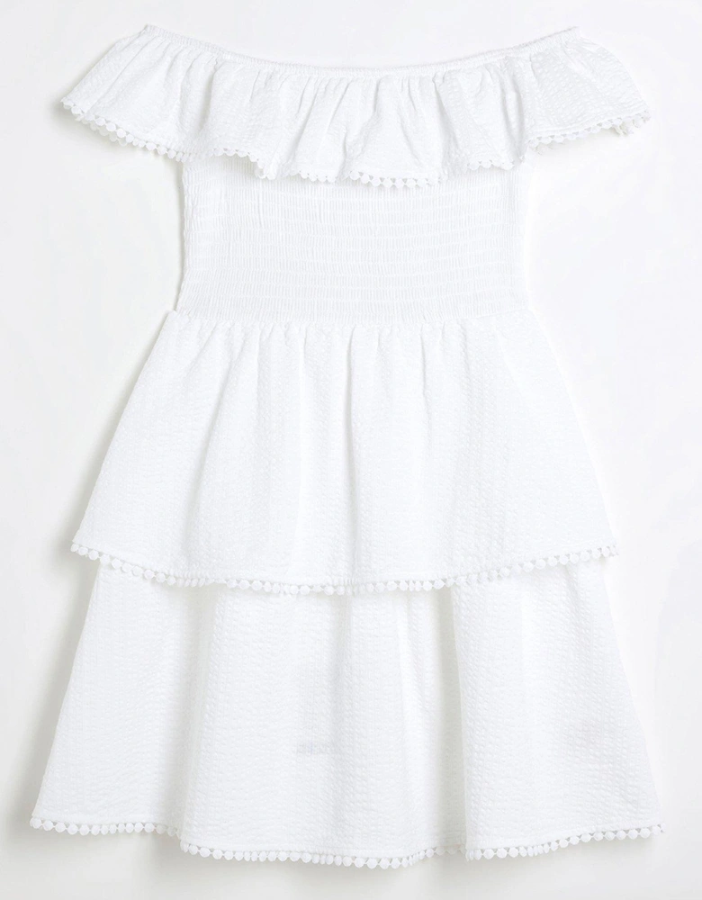 Girls Frill Bardot Dress - White