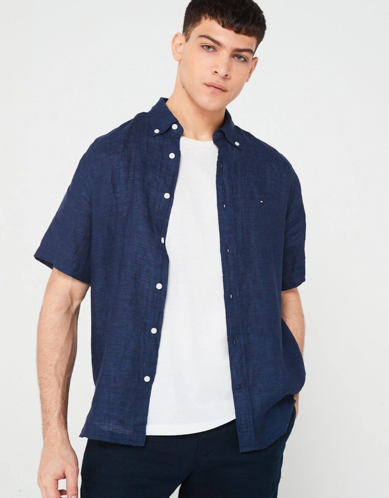 Pigment Dyed Linen Regular Fit Short Sleeve Shirt - Navy 