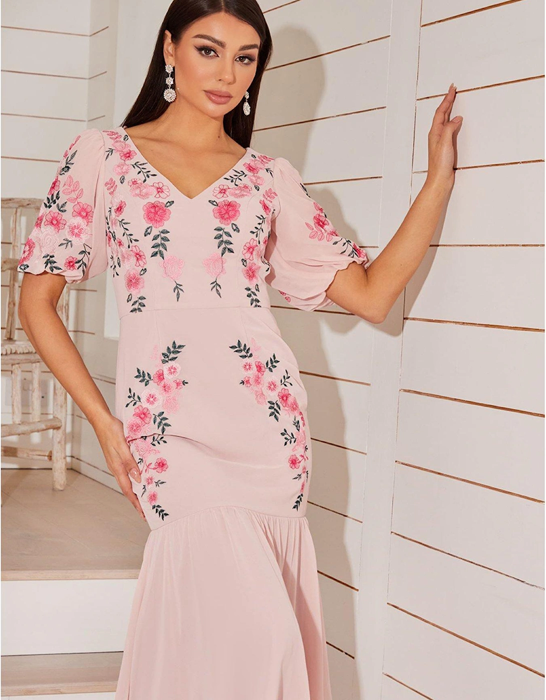 Floral Embroidered Midi Dress In Pink