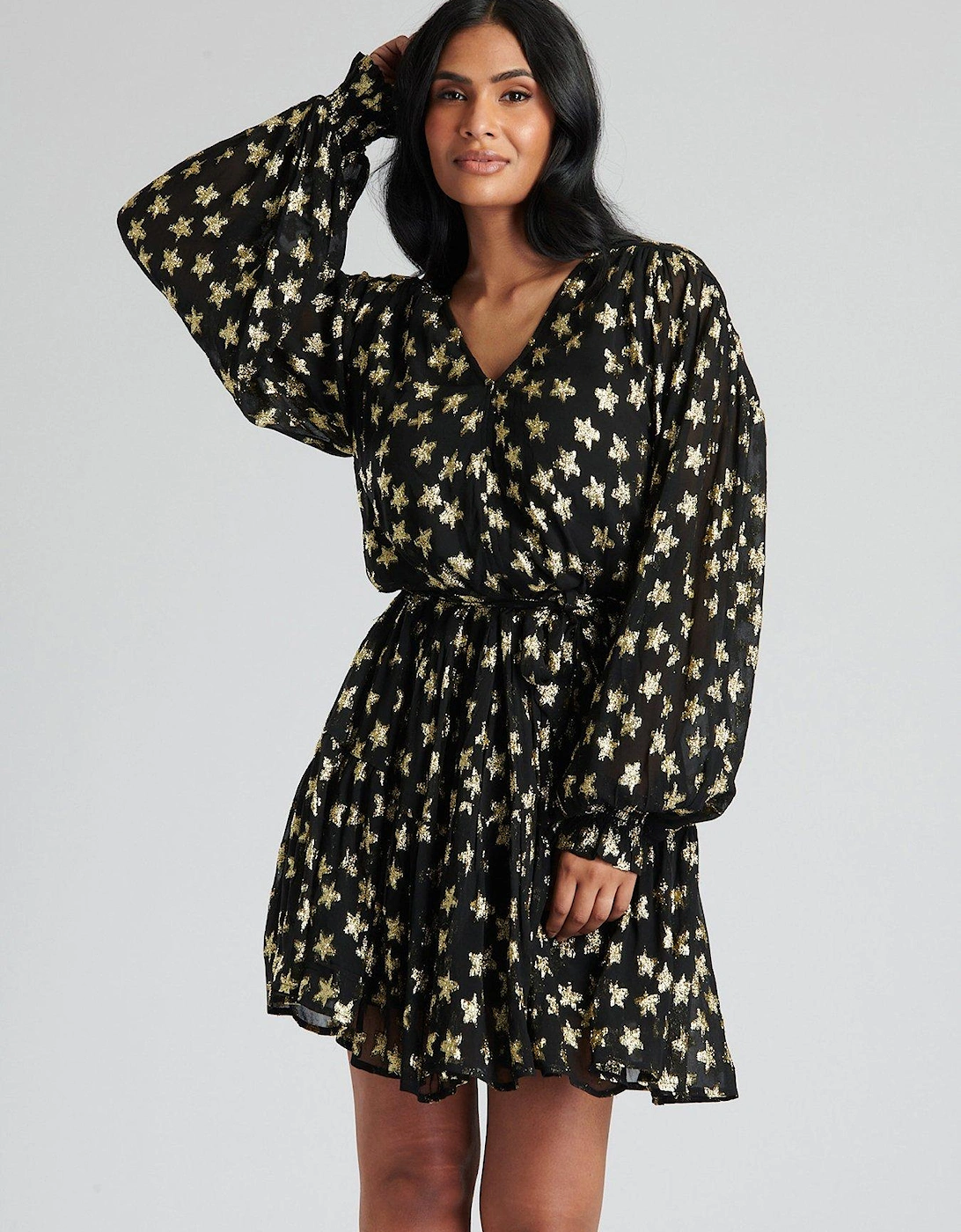 Black Metallic Star Long Sleeve Short Dress