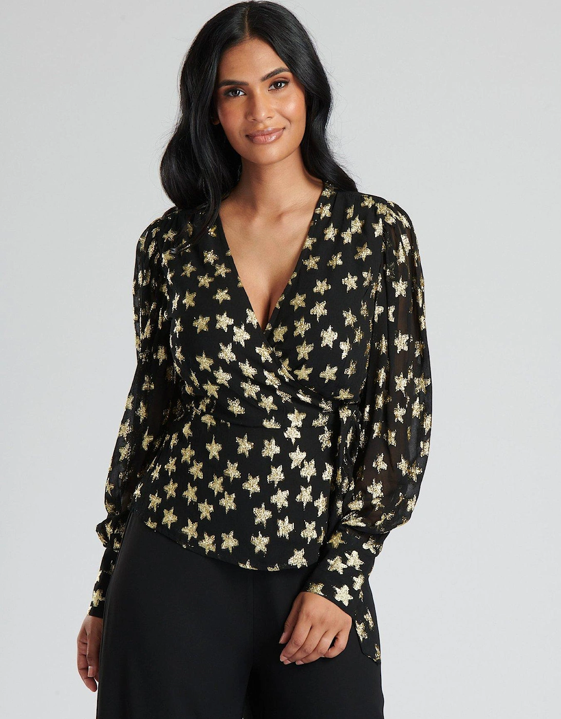 Black Metallic Star Long Sleeve Wrap Over Blouse