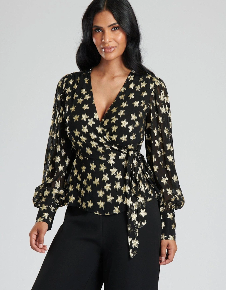 Black Metallic Star Long Sleeve Wrap Over Blouse