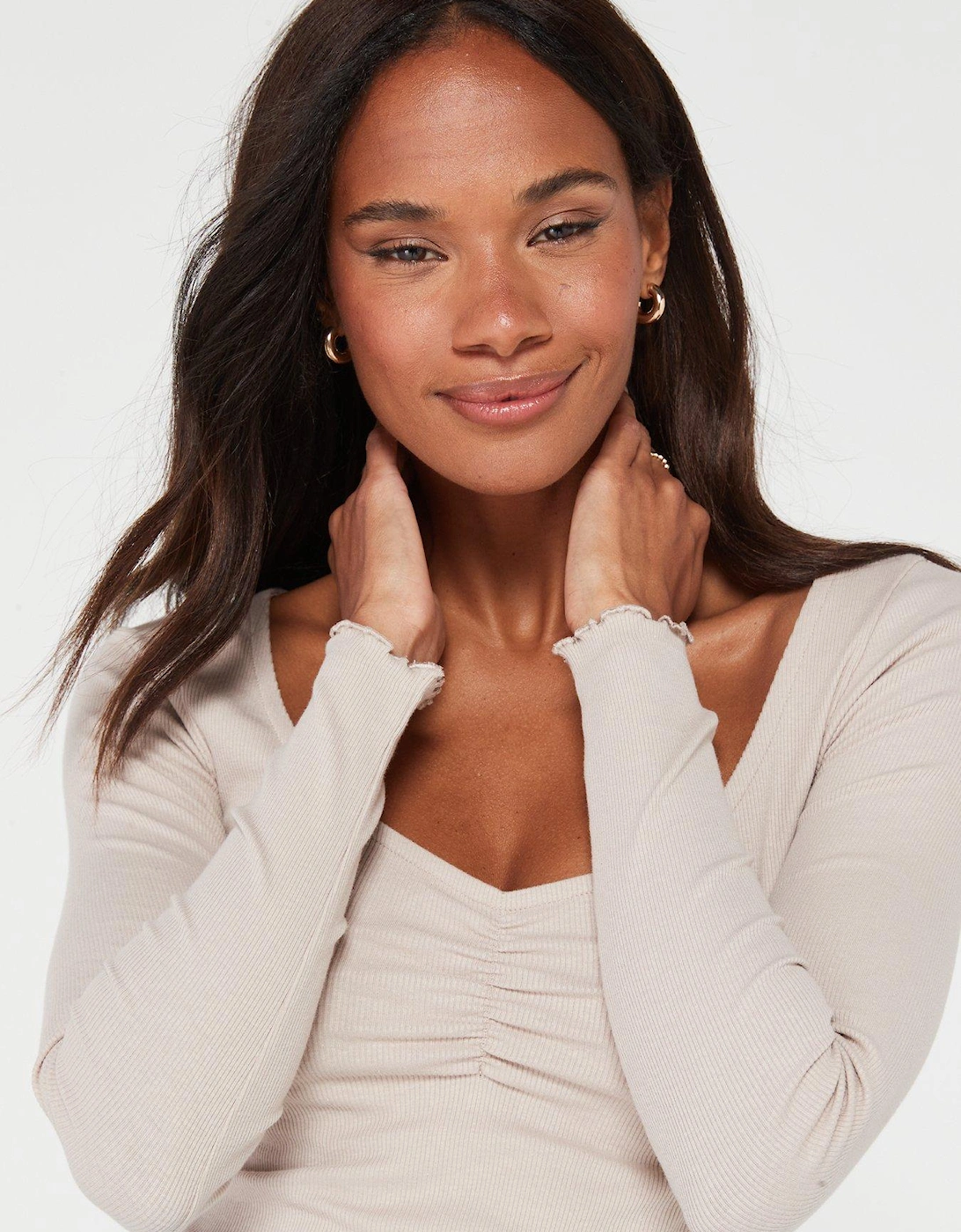 Ruched Front Long Sleeve Rib Top - Nude