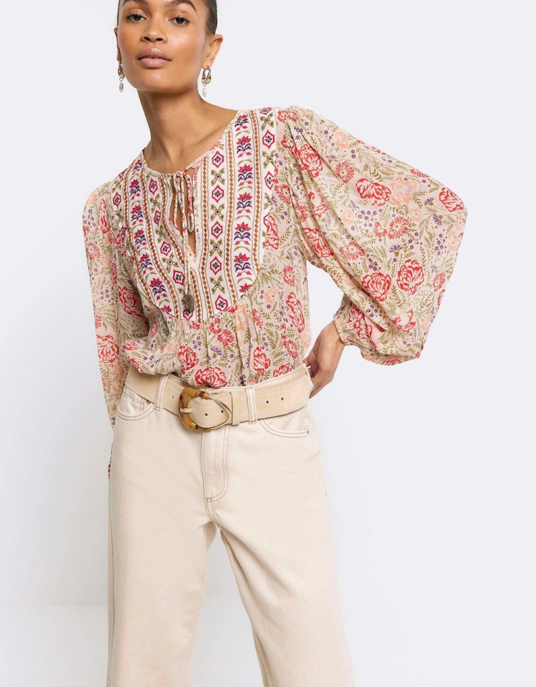 Floral Embroidered Smock Top - Cream