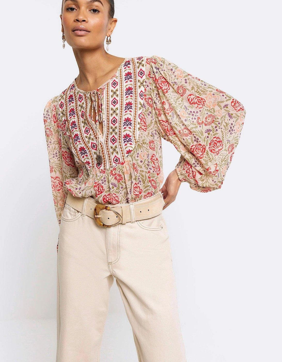 Floral Embroidered Smock Top - Cream